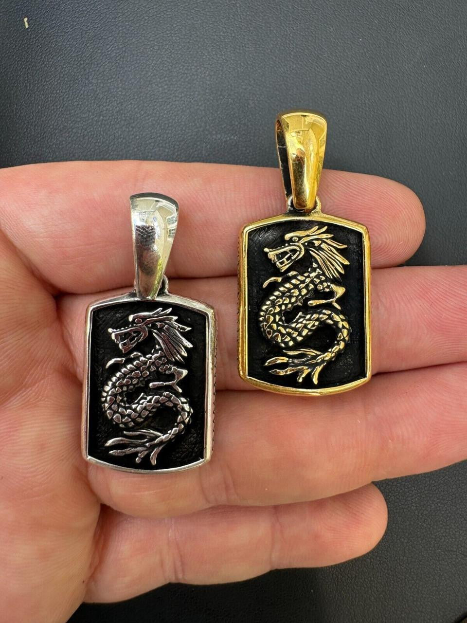 HarlemBling Lucky Dragon Dog Tag Pendant - 14k Gold Vermeil Or Oxidized 925 Silver - Medium 1.75"
