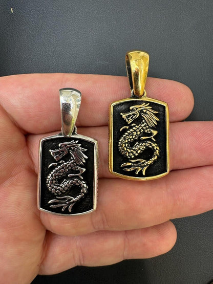 HarlemBling Lucky Dragon Dog Tag Pendant - 14k Gold Vermeil Or Oxidized 925 Silver - Medium 1.75"