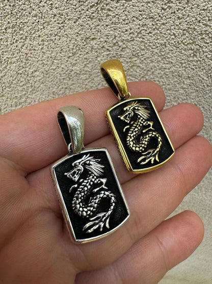 HarlemBling Lucky Dragon Dog Tag Pendant - 14k Gold Vermeil Or Oxidized 925 Silver - Medium 1.75"