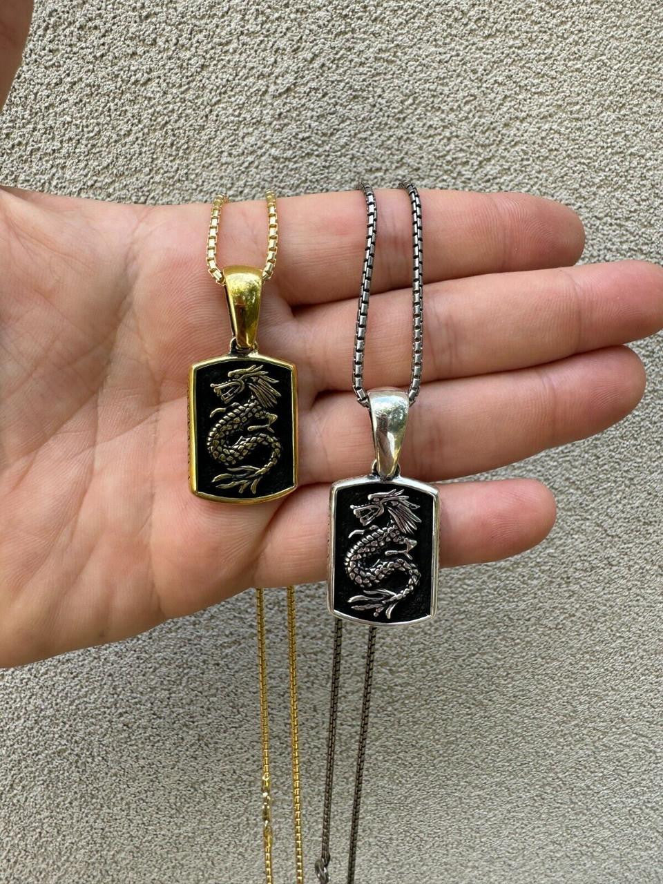 HarlemBling Lucky Dragon Dog Tag Pendant - 14k Gold Vermeil Or Oxidized 925 Silver - Medium 1.75"