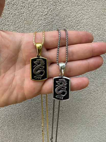 HarlemBling Lucky Dragon Dog Tag Pendant - 14k Gold Vermeil Or Oxidized 925 Silver - Medium 1.75"