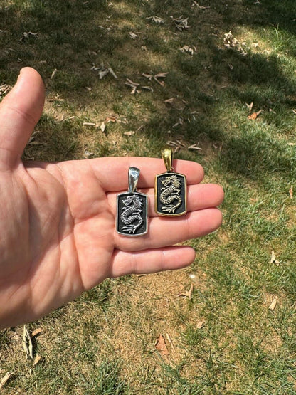 HarlemBling Lucky Dragon Dog Tag Pendant - 14k Gold Vermeil Or Oxidized 925 Silver - Medium 1.75"