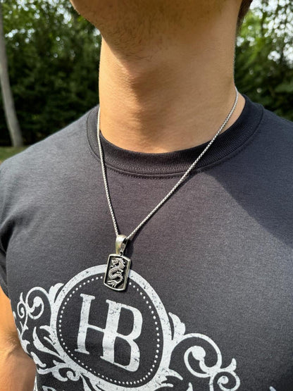 HarlemBling Lucky Dragon Dog Tag Pendant - 14k Gold Vermeil Or Oxidized 925 Silver - Medium 1.75"