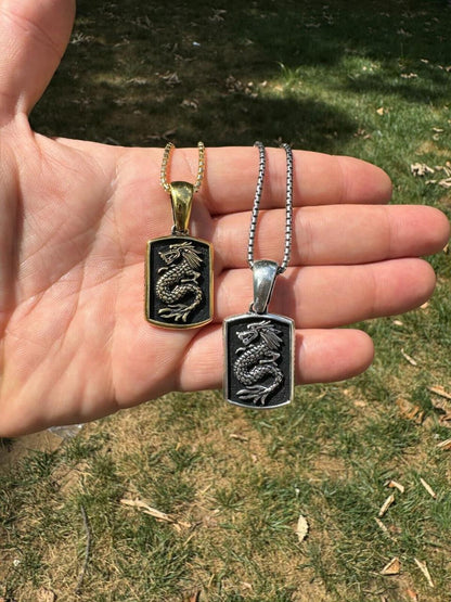 HarlemBling Lucky Dragon Dog Tag Pendant - 14k Gold Vermeil Or Oxidized 925 Silver - Medium 1.75"