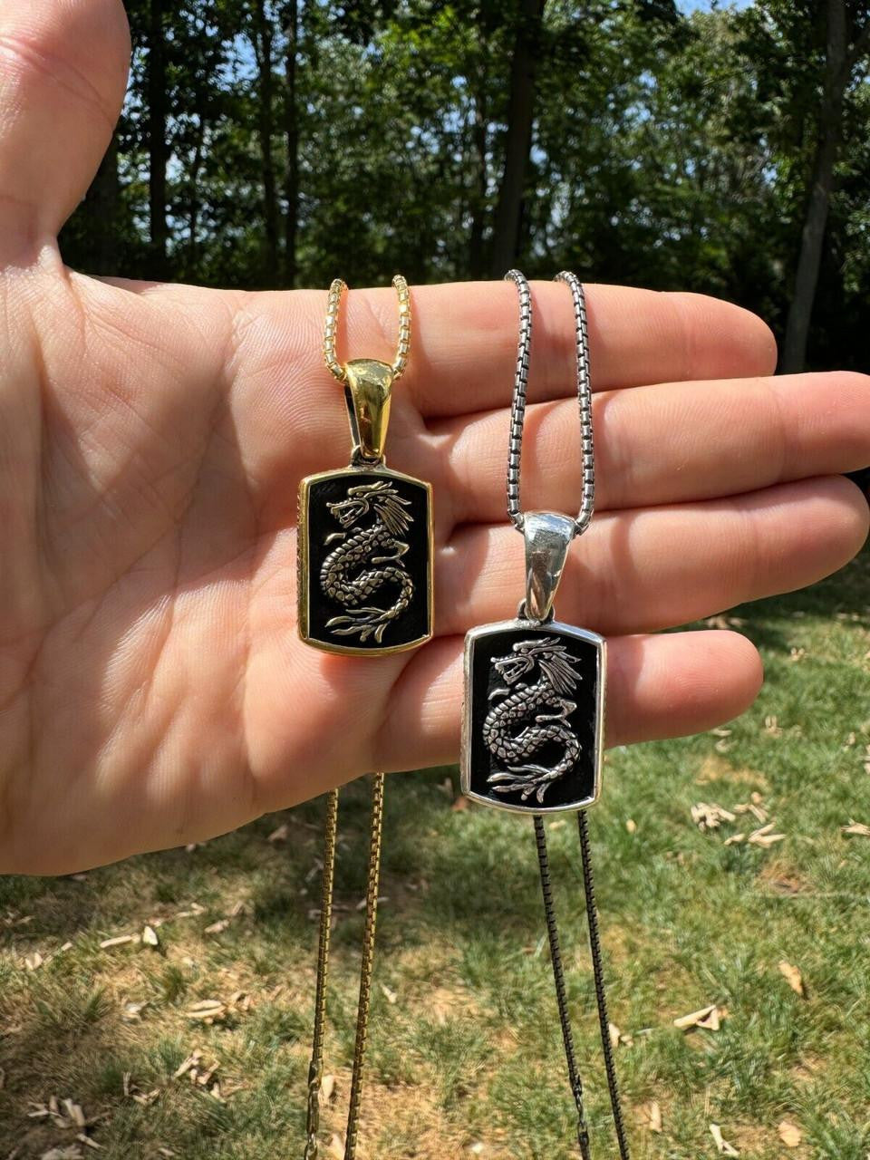 HarlemBling Lucky Dragon Dog Tag Pendant - 14k Gold Vermeil Or Oxidized 925 Silver - Medium 1.75"