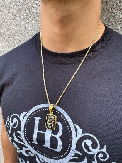 HarlemBling Lucky Dragon Dog Tag Pendant - 14k Gold Vermeil Or Oxidized 925 Silver - Medium 1.75"