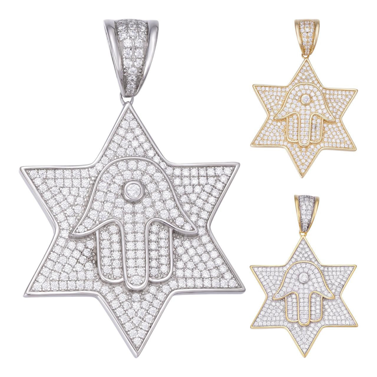 HarlemBling Magen Star Of David W. Hamsa Pendant - 14k Gold Vermeil or 925 Silver - CZ Stones - Medium 1.75"