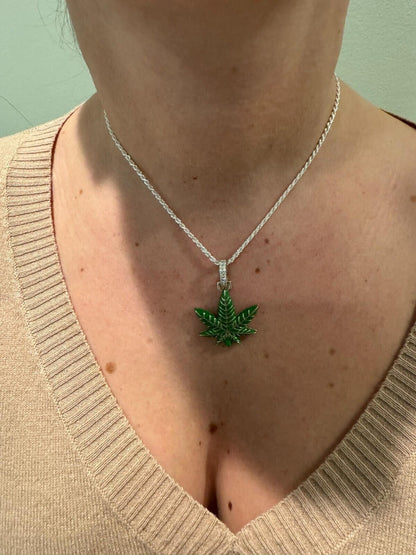 HarlemBling Marijuana Pendant Moissanite 925 Silver Marijuana Weed Leaf Pendant Necklace