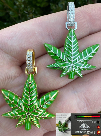HarlemBling Marijuana Pendant Moissanite 925 Silver Marijuana Weed Leaf Pendant Necklace
