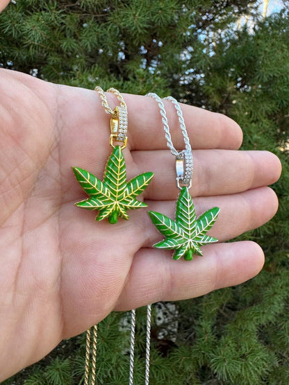 HarlemBling Marijuana Pendant Moissanite 925 Silver Marijuana Weed Leaf Pendant Necklace