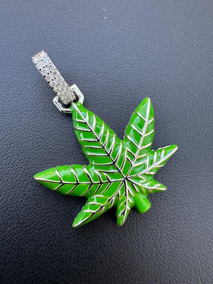 HarlemBling Marijuana Pendant Moissanite 925 Silver Marijuana Weed Leaf Pendant Necklace