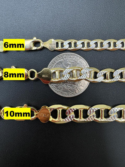 HarlemBling Mariner Link Chain Necklace Or Bracelet - Two Tone Diamond Cut 14k Gold Vermeil 925 Sterling Silver - 6"-30" - 2.5mm-10mm