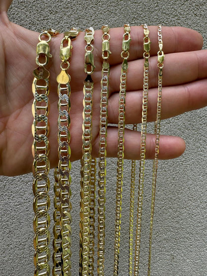 HarlemBling Mariner Link Chain Necklace Or Bracelet - Two Tone Diamond Cut 14k Gold Vermeil 925 Sterling Silver - 6"-30" - 2.5mm-10mm