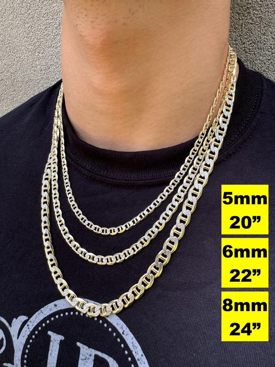 HarlemBling Mariner Link Chain Necklace Or Bracelet - Two Tone Diamond Cut 14k Gold Vermeil 925 Sterling Silver - 6"-30" - 2.5mm-10mm