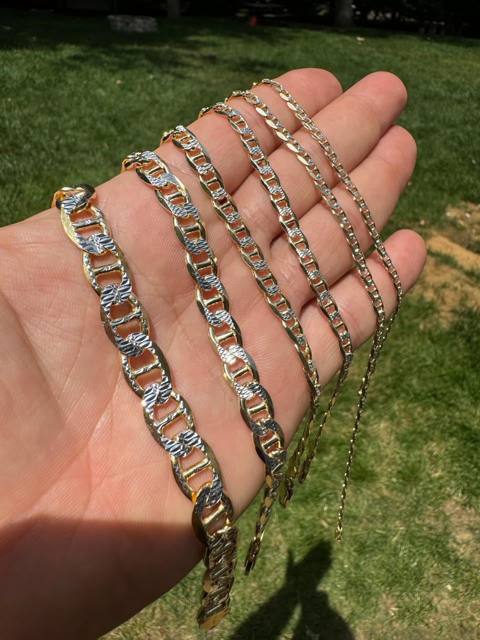 HarlemBling Mariner Link Chain Necklace Or Bracelet - Two Tone Diamond Cut 14k Gold Vermeil 925 Sterling Silver - 6"-30" - 2.5mm-10mm