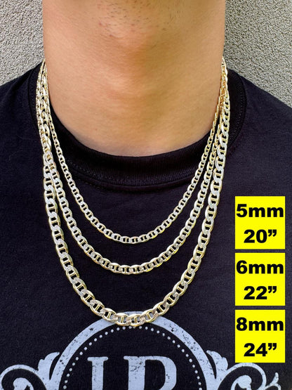 HarlemBling Mariner Link Chain Necklace Or Bracelet - Two Tone Diamond Cut 14k Gold Vermeil 925 Sterling Silver - 6"-30" - 2.5mm-10mm