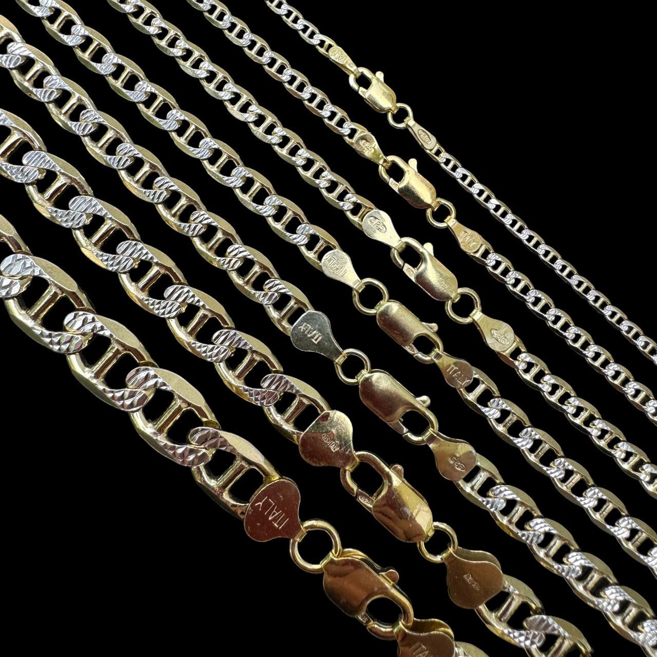 HarlemBling Mariner Link Chain Necklace Or Bracelet - Two Tone Diamond Cut 14k Gold Vermeil 925 Sterling Silver - 6"-30" - 2.5mm-10mm