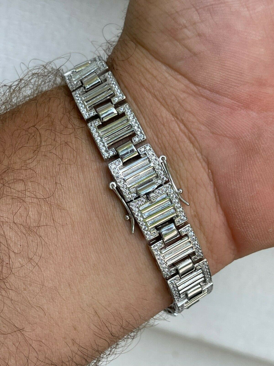 HarlemBling Men 12mm Iced Presidential Bracelet Real 925 Sterling Silver Flooded Out Diamond