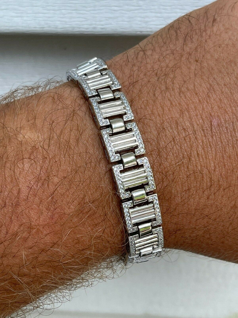 HarlemBling Men 12mm Iced Presidential Bracelet Real 925 Sterling Silver Flooded Out Diamond