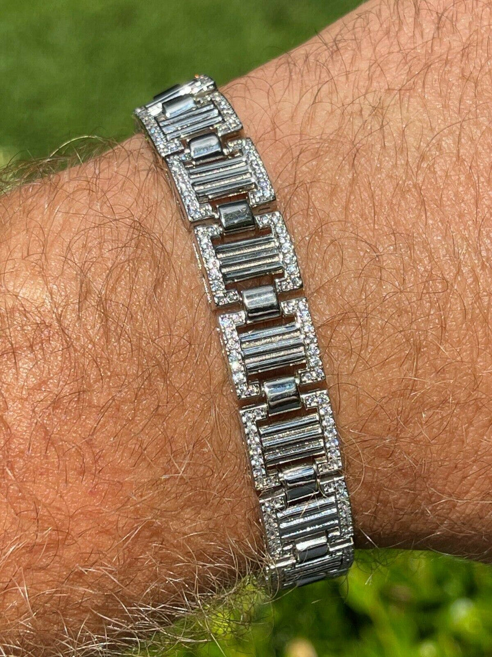 HarlemBling Men 12mm Iced Presidential Bracelet Real 925 Sterling Silver Flooded Out Diamond
