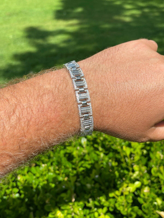 HarlemBling Men 12mm Iced Presidential Bracelet Real 925 Sterling Silver Flooded Out Diamond