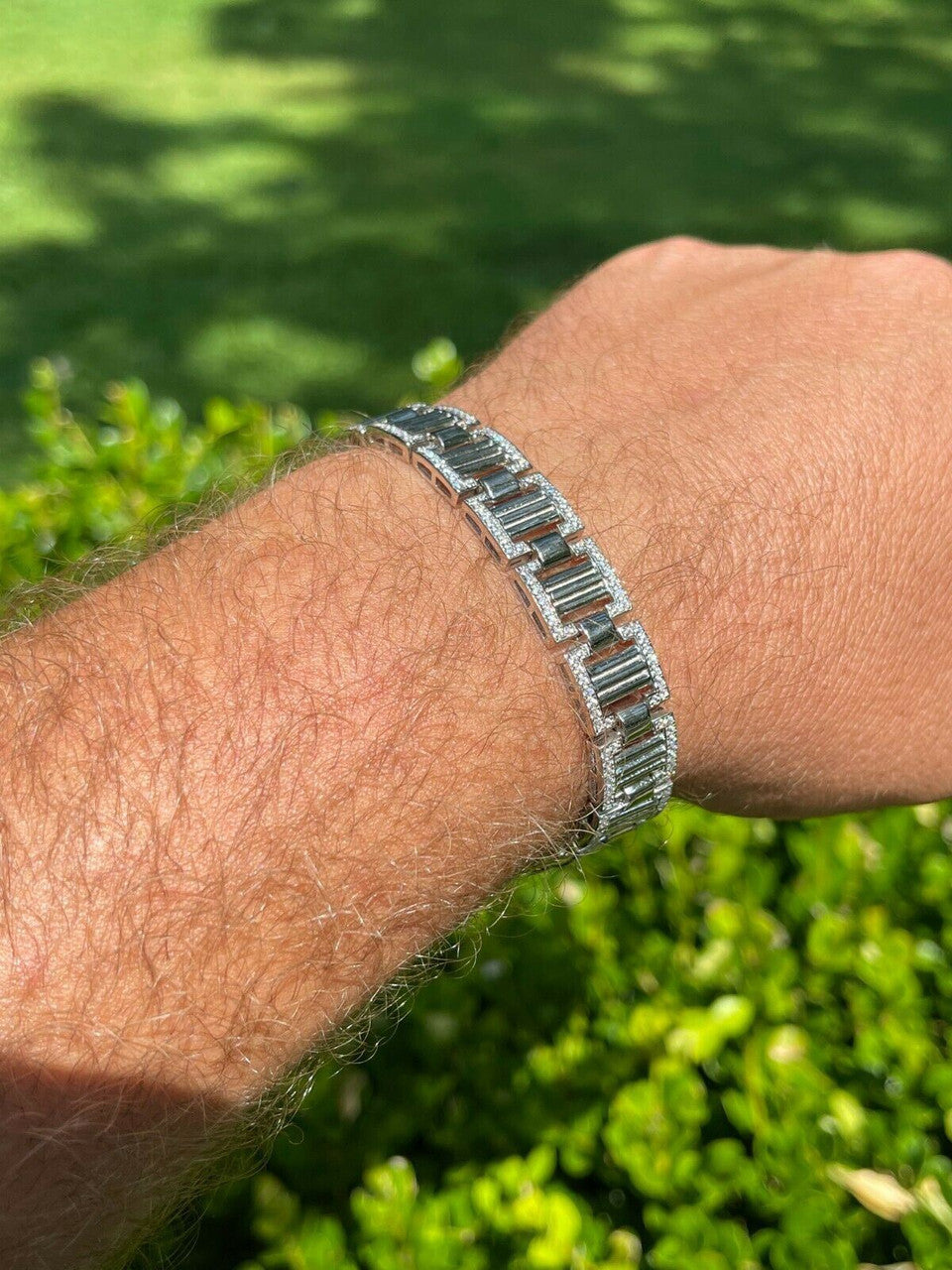 HarlemBling Men 12mm Iced Presidential Bracelet Real 925 Sterling Silver Flooded Out Diamond