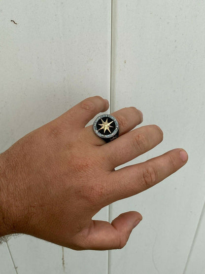 HarlemBling Men 14k Gold and Real Solid 925 Sterling Silver Anchor Sailor Compass Ring Sz 7-13