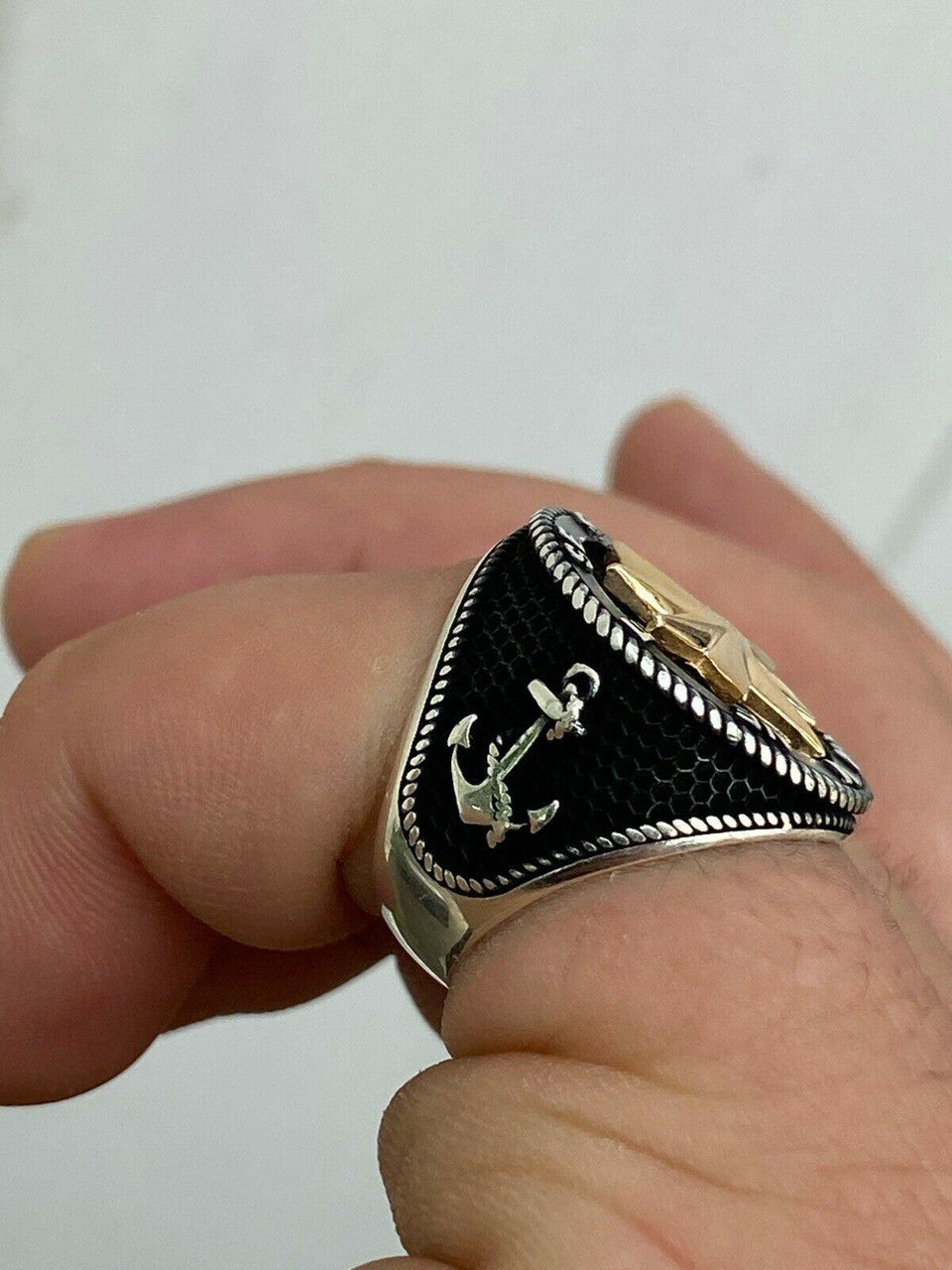 HarlemBling Men 14k Gold and Real Solid 925 Sterling Silver Anchor Sailor Compass Ring Sz 7-13