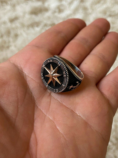 HarlemBling Men 14k Gold and Real Solid 925 Sterling Silver Anchor Sailor Compass Ring Sz 7-13