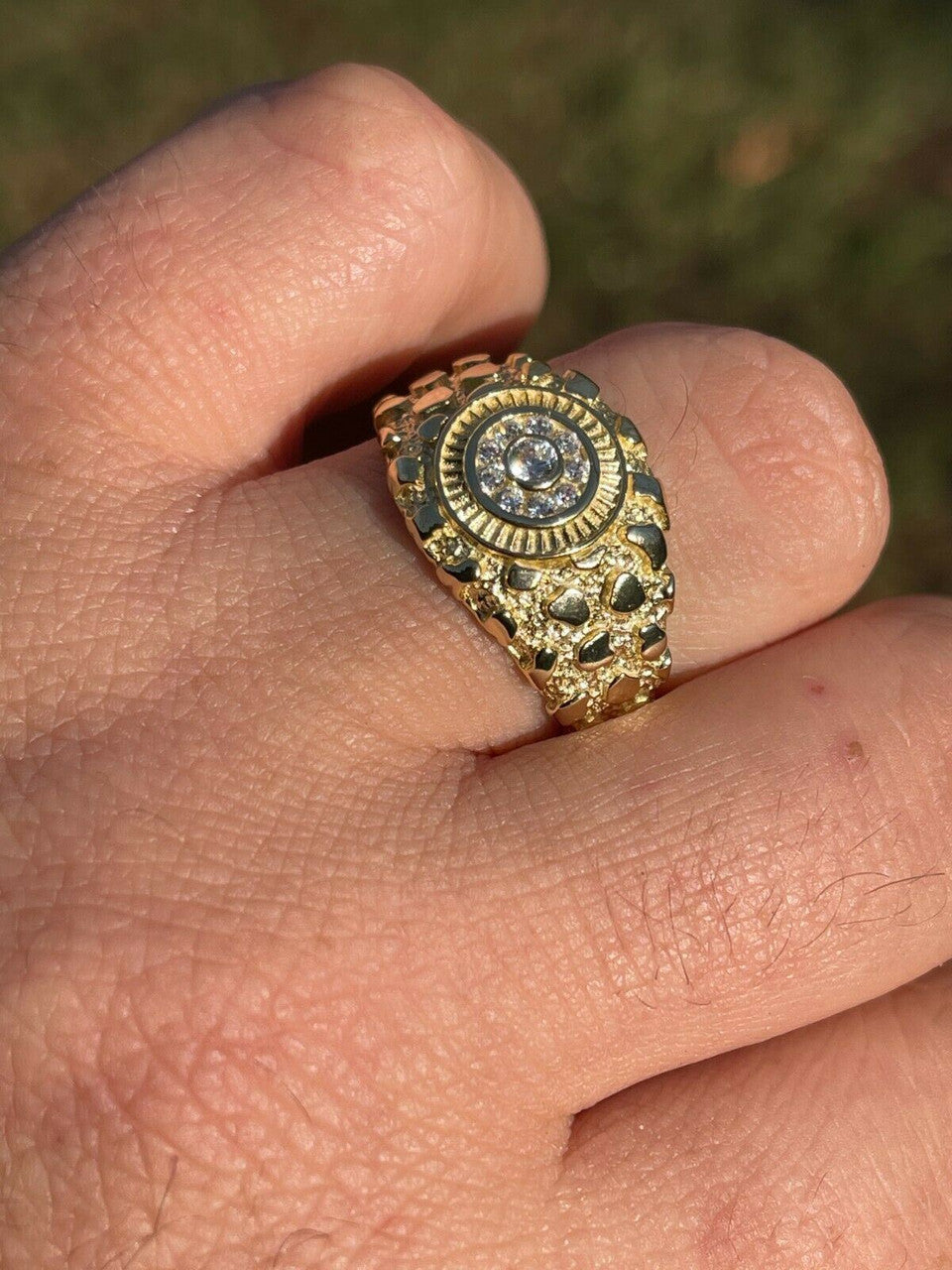 HarlemBling Men 14k Gold Vermeil Solid 925 Silver Nugget Ring Solitaire Real Iced MOISSANITE