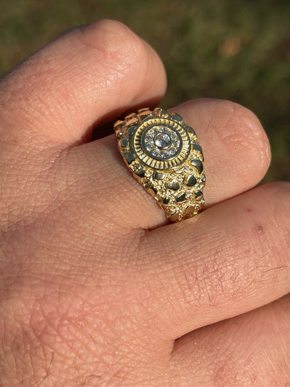 HarlemBling Men 14k Gold Vermeil Solid 925 Silver Nugget Ring Solitaire Real Iced MOISSANITE