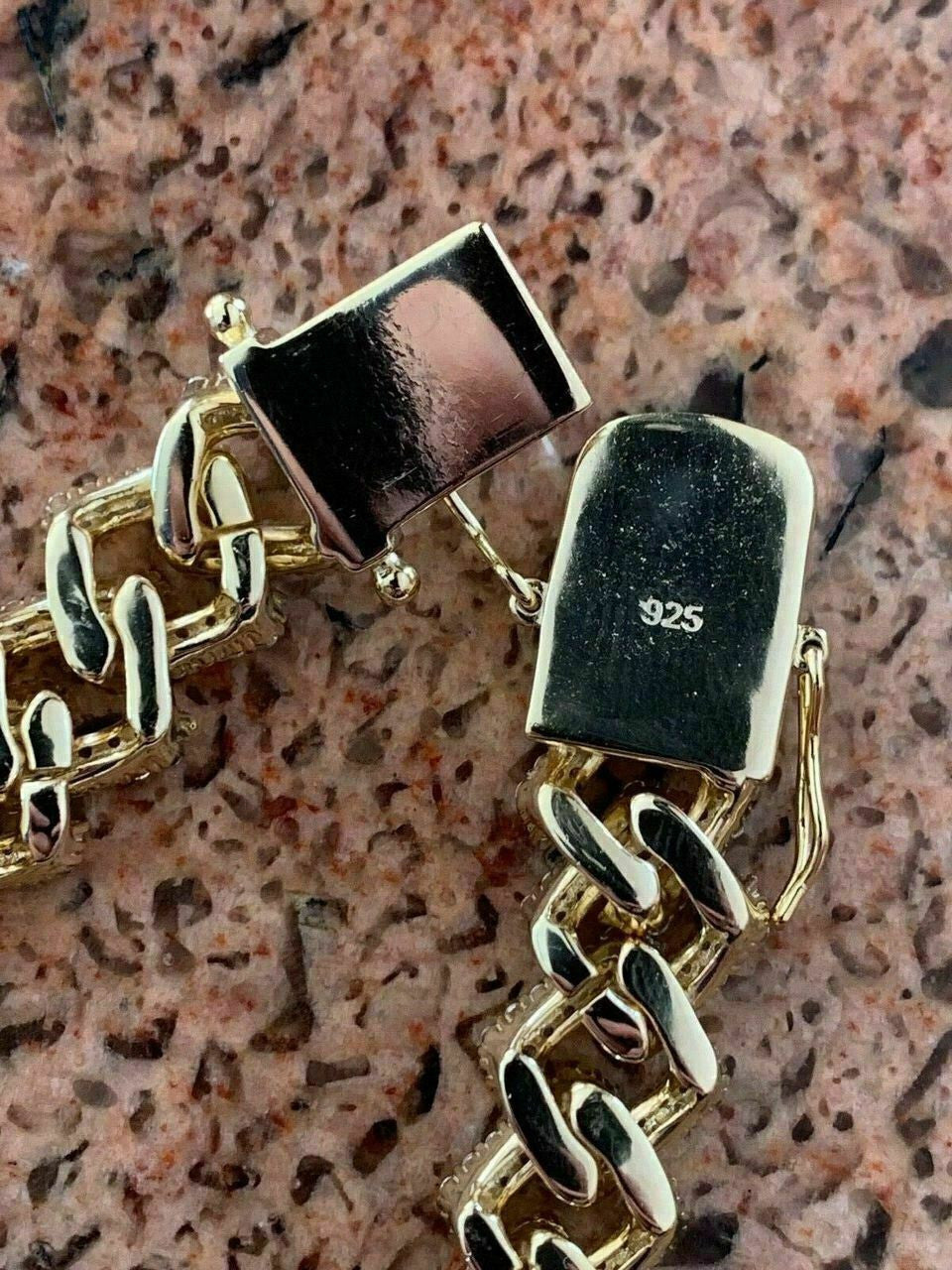 HarlemBling Men Prong Miami Cuban Bracelet 8.5 14k Gold Over Solid 925 Sterling Silver 12mm