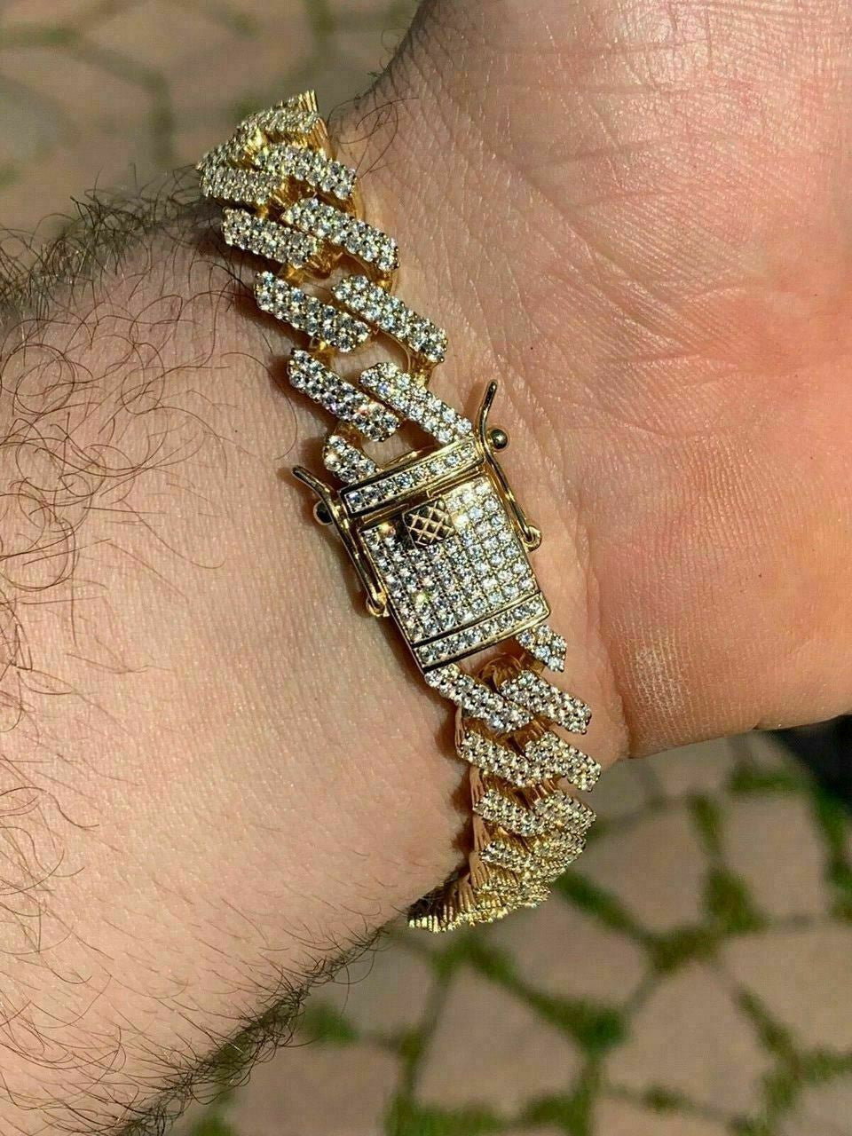 HarlemBling Men Prong Miami Cuban Bracelet 8.5 14k Gold Over Solid 925 Sterling Silver 12mm