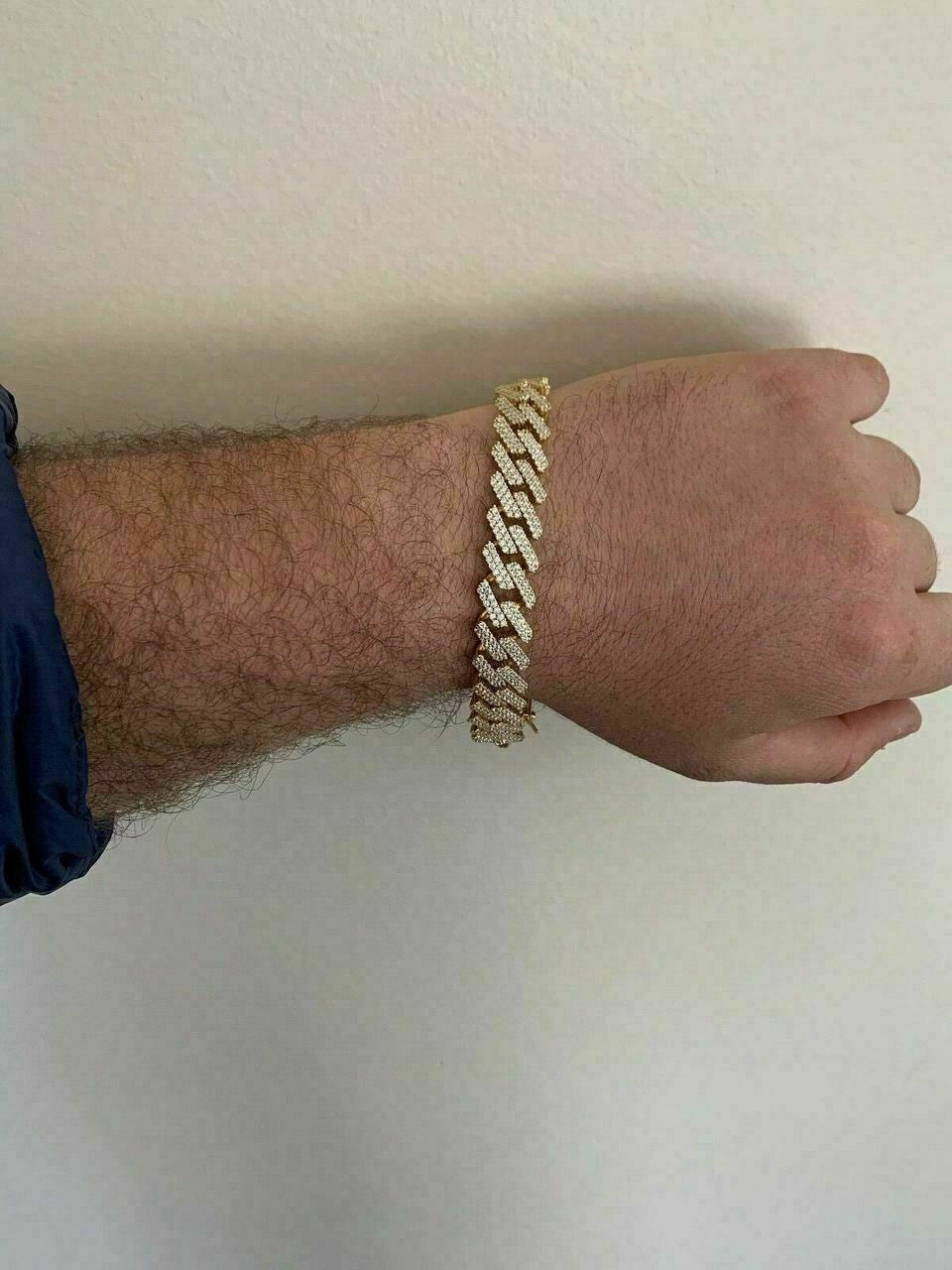 HarlemBling Men Prong Miami Cuban Bracelet 8.5 14k Gold Over Solid 925 Sterling Silver 12mm