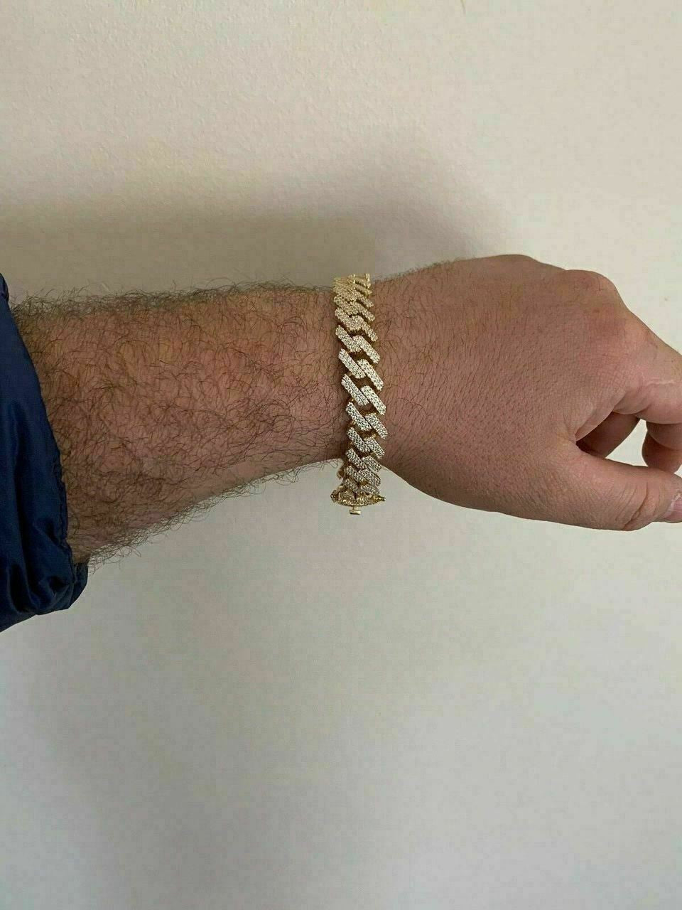 HarlemBling Men Prong Miami Cuban Bracelet 8.5 14k Gold Over Solid 925 Sterling Silver 12mm