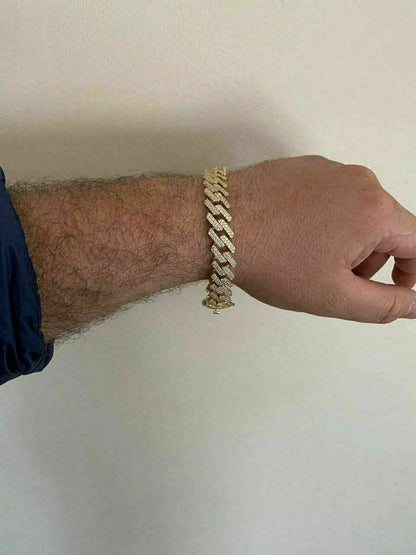 HarlemBling Men Prong Miami Cuban Bracelet 8.5 14k Gold Over Solid 925 Sterling Silver 12mm