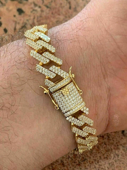 HarlemBling Men Prong Miami Cuban Bracelet 8.5 14k Gold Over Solid 925 Sterling Silver 12mm