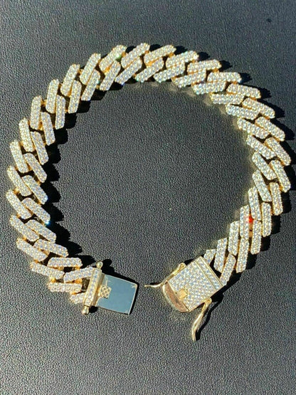 HarlemBling Men Prong Miami Cuban Bracelet 8.5 14k Gold Over Solid 925 Sterling Silver 12mm