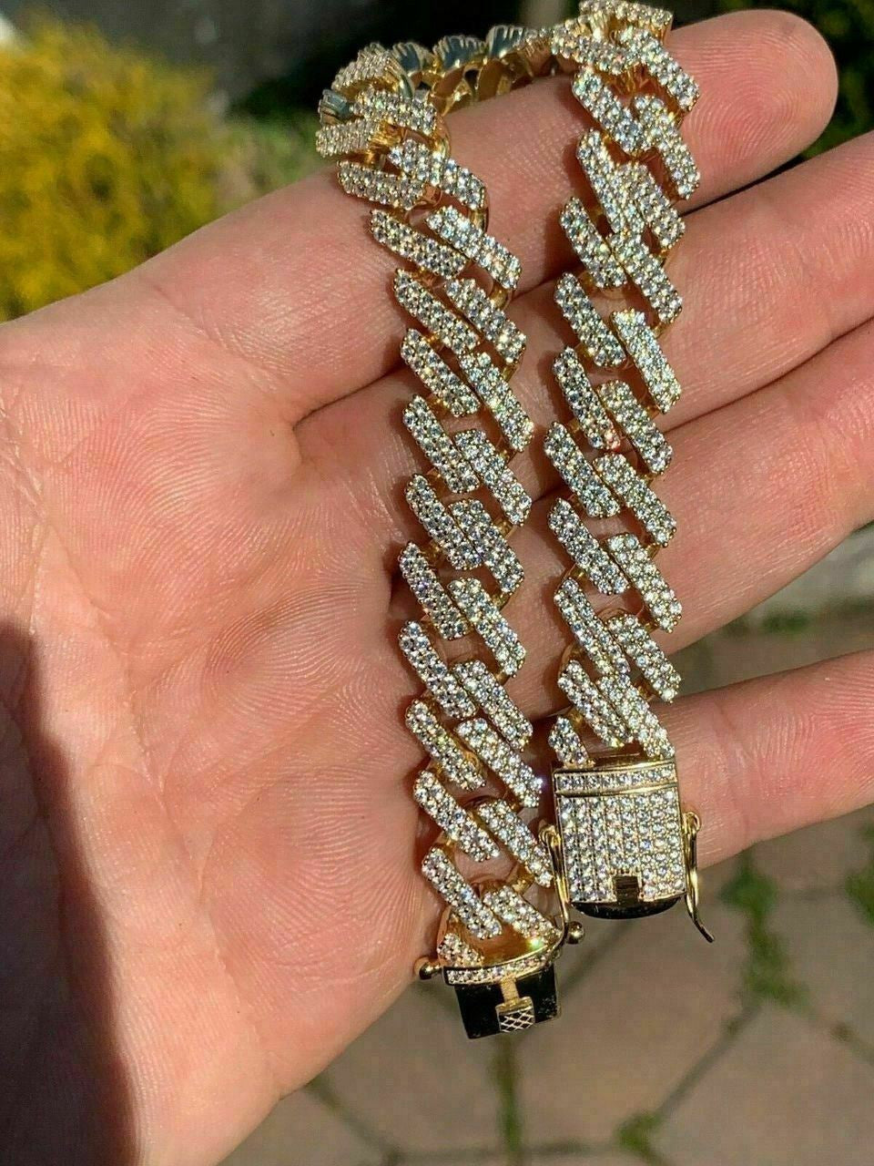 HarlemBling Men Prong Miami Cuban Bracelet 8.5 14k Gold Over Solid 925 Sterling Silver 12mm