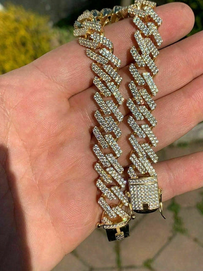 HarlemBling Men Prong Miami Cuban Bracelet 8.5 14k Gold Over Solid 925 Sterling Silver 12mm