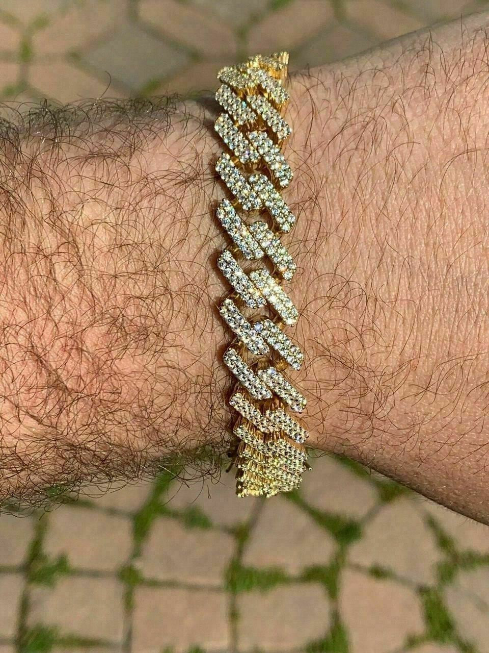 HarlemBling Men Prong Miami Cuban Bracelet 8.5 14k Gold Over Solid 925 Sterling Silver 12mm