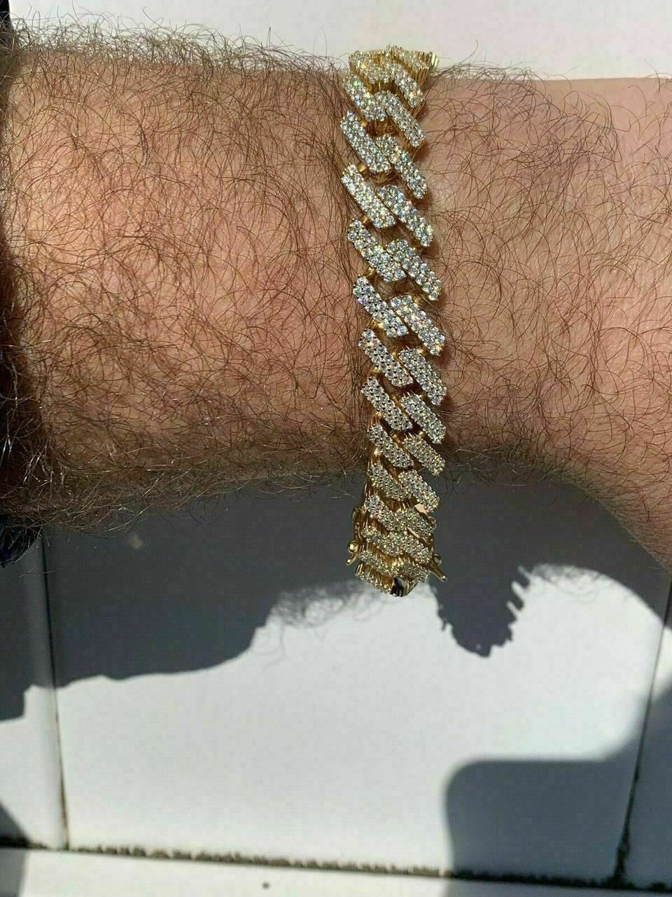 HarlemBling Men Prong Miami Cuban Bracelet 8.5 14k Gold Over Solid 925 Sterling Silver 12mm