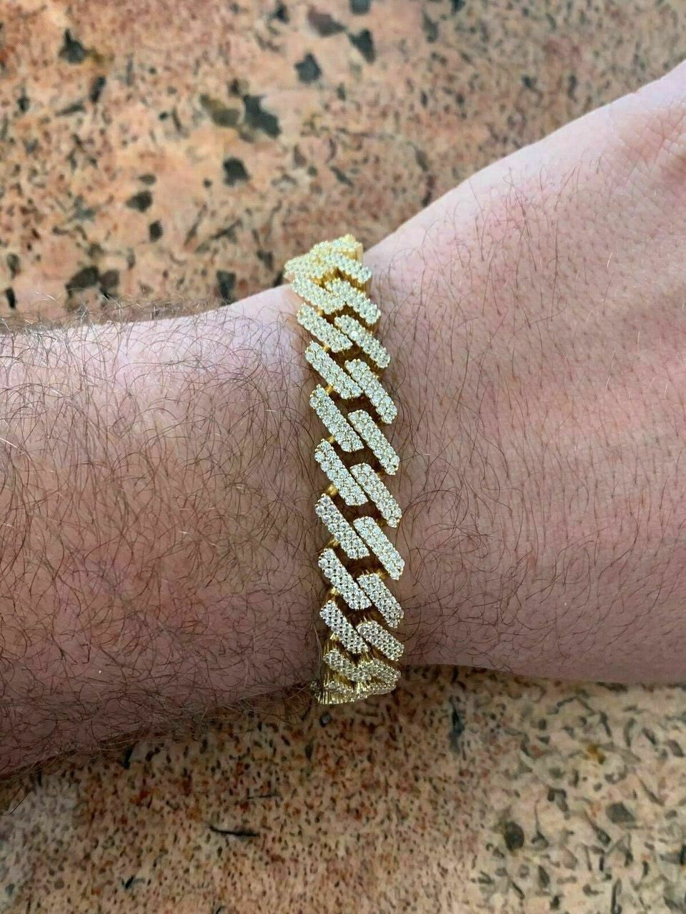 HarlemBling Men Prong Miami Cuban Bracelet 8.5 14k Gold Over Solid 925 Sterling Silver 12mm