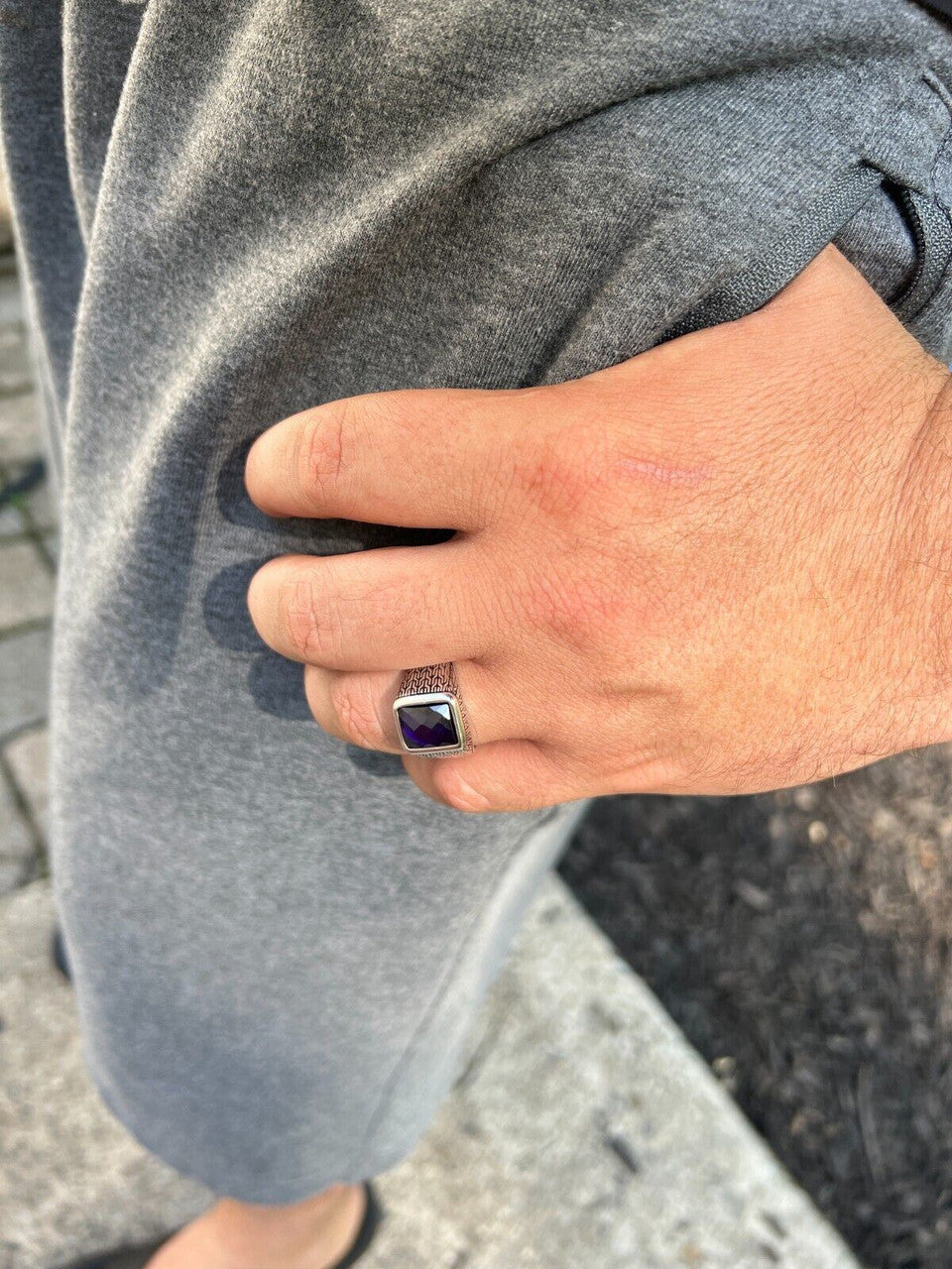 Men Real 925 Sterling Silver Simulated Purple Amethyst Gem Stone