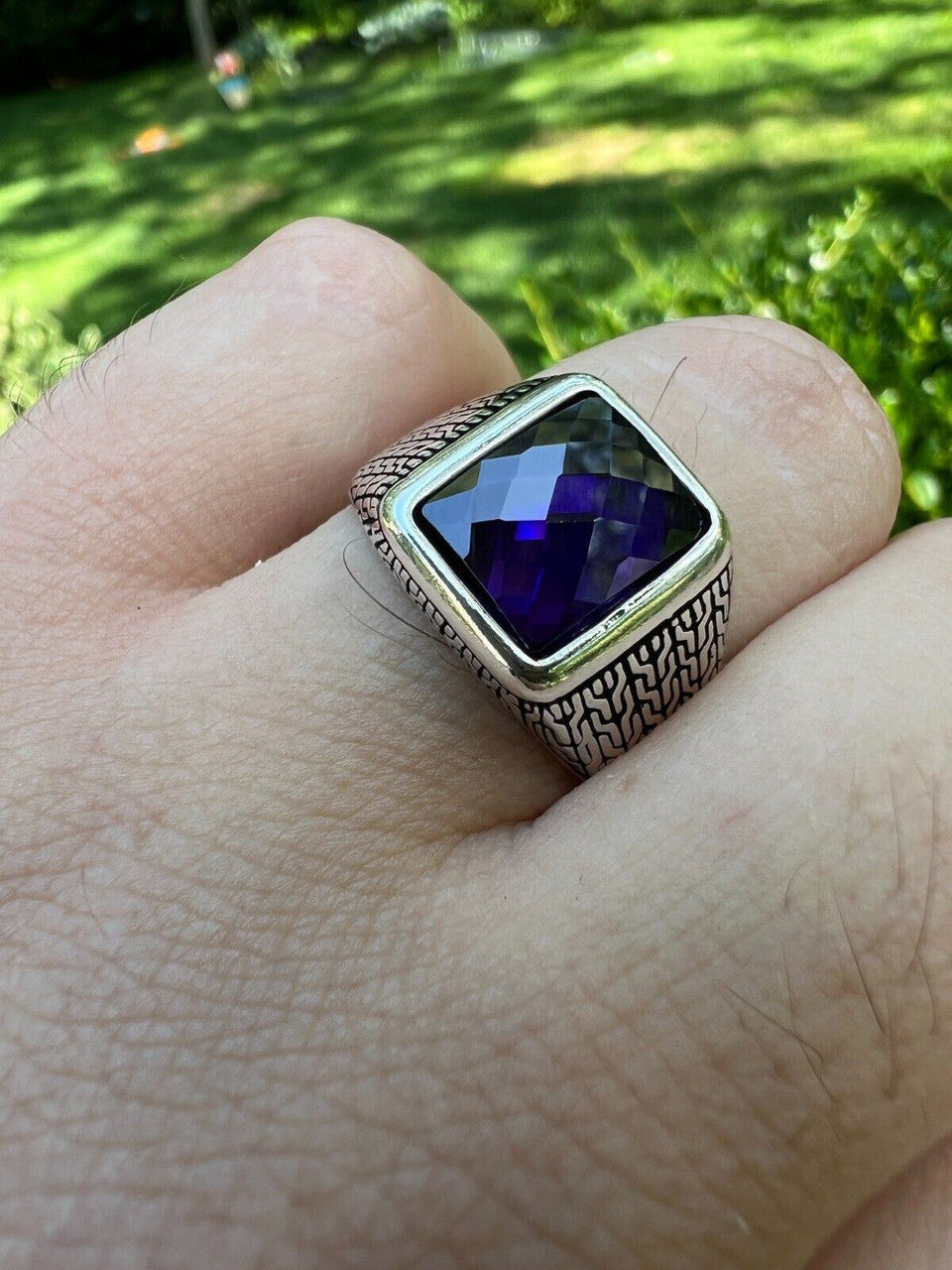 Men Real 925 Sterling Silver Simulated Purple Amethyst Gem Stone