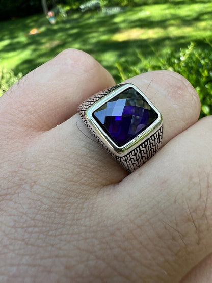 HarlemBling Men Real 925 Sterling Silver Simulated Purple Amethyst Gem Stone Pinky Ring Iced