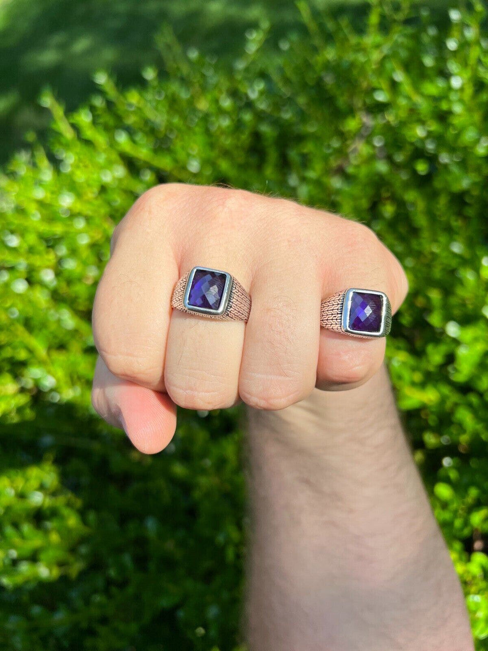 Men Real 925 Sterling Silver Simulated Purple Amethyst Gem Stone