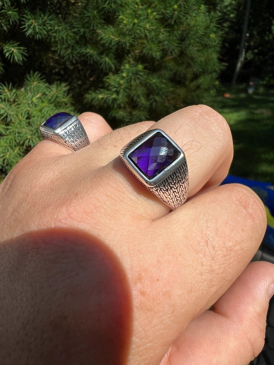 Men Real 925 Sterling Silver Simulated Purple Amethyst Gem Stone