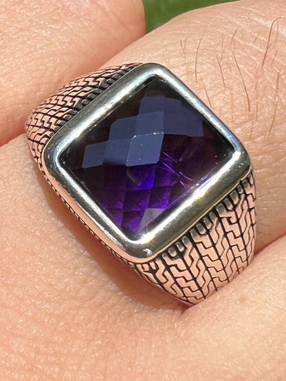 HarlemBling Men Real 925 Sterling Silver Simulated Purple Amethyst Gem Stone Pinky Ring Iced