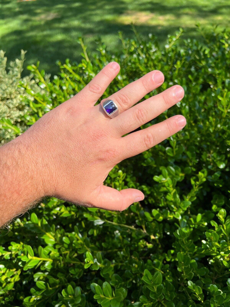 Men Real 925 Sterling Silver Simulated Purple Amethyst Gem Stone